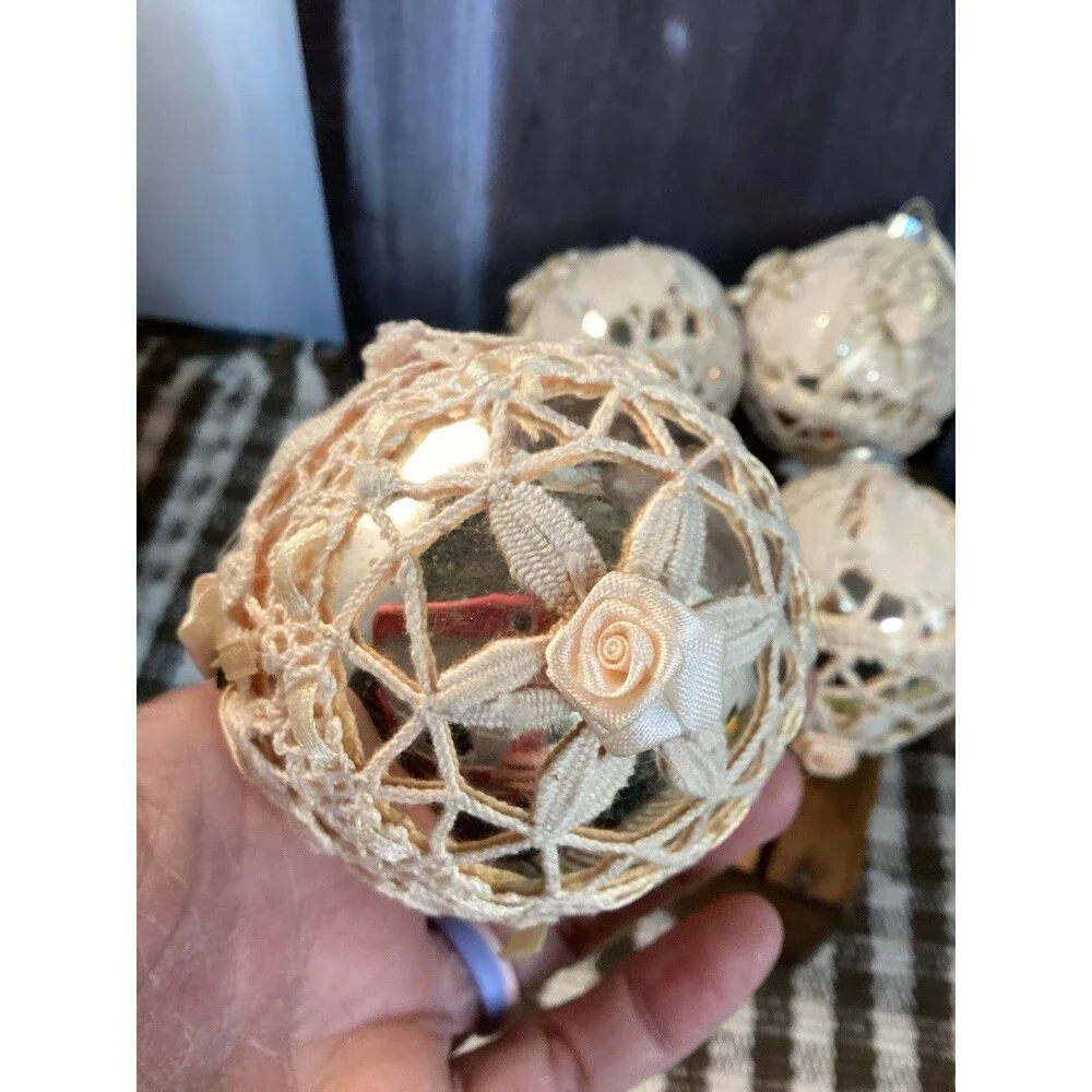 Vintage Alderbrook Lace Covered Silver Glass Christmas Ball Ornaments Set Of 7